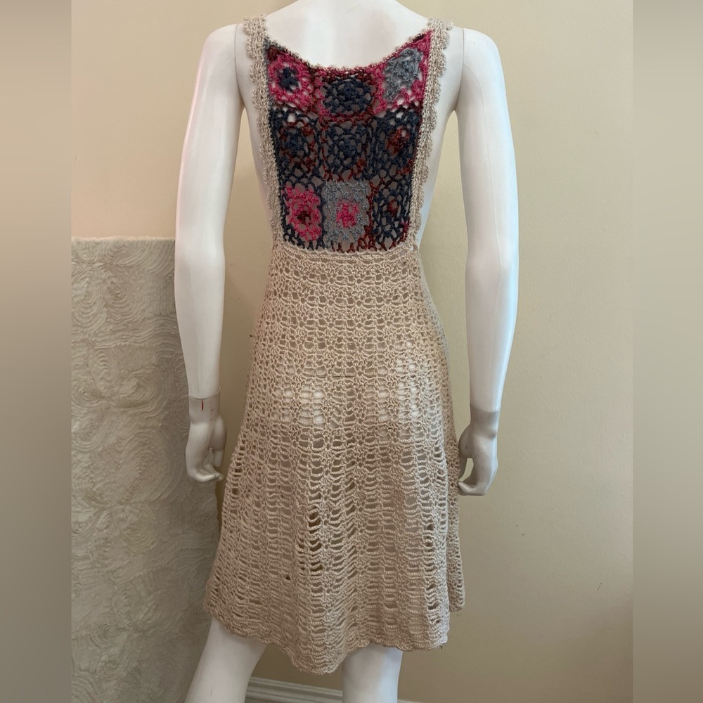 Y2K BOHO 💋 Beige Knit FESTIVAL Sleeveless Midi HIPPIE Vest Top Womens S - Picture 6 of 7